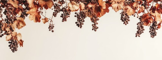 Poster - Dried grape clusters on vine with autumn leaves against blank background perfect for text placement or wine-related themes