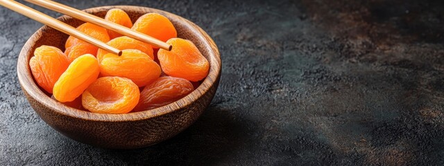 Aufkleber - Dried apricots in a wooden bowl with chopsticks on a dark background featuring ample empty space for text and design elements