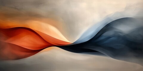 Wall Mural - An abstract painting featuring flowing waves of warm orange and cool blue, blending gracefully against a muted background.