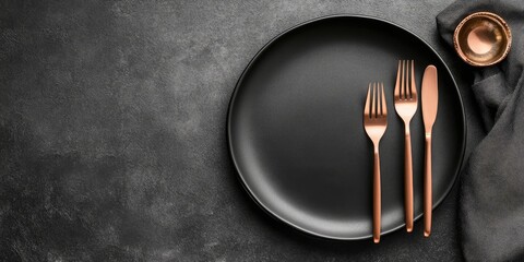 Aufkleber - Stylish dining arrangement featuring a black plate and rose gold cutlery on a textured surface with room for text or branding elements