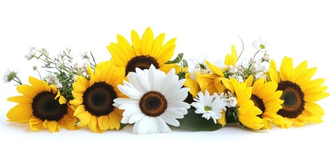 Fototapete - Charming floral display featuring sunflowers and daisies on a clean white backdrop ideal for personalized text or promotional content