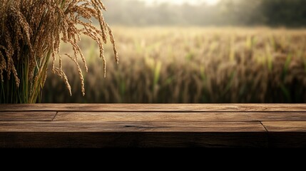Poster - Wooden Plank Table Top in Front of Blurred Rice Field at Sunset with Empty Copy Space for Text and Product Display High Quality Image