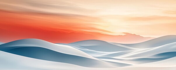 Wall Mural - A serene landscape featuring rolling hills of snow under a vibrant sky with hues of orange and peach at sunset.