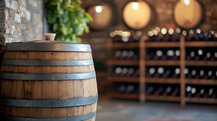 Poster - Wooden barrel on rustic floor in cozy winery with wine bottle rack creating inviting ambiance and empty space for text overlay