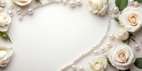 Poster - Elegant arrangement of white roses and pearls on a soft background with ample space for personalized text or messages