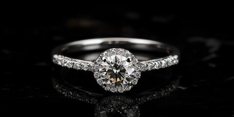 Poster - Elegant diamond engagement ring with halo design showcasing brilliance on a reflective surface and ample copy space for personalization