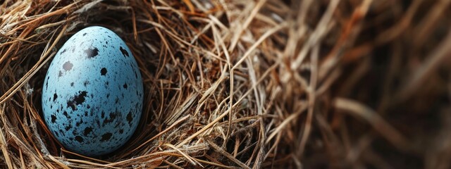 Aufkleber - Easter themed background showcasing a blue quail egg nestled in a natural nest with ample space for personalized text or messages.