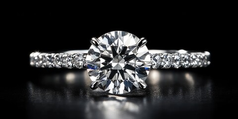 Poster - Stunning diamond engagement ring showcasing brilliance on dark background with space for personalized text or message