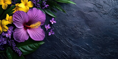 Aufkleber - Vibrant Hibiscus and Purple Yellow Blossoms Arrangement on Dark Background with Empty Space for Creative Text or Branding