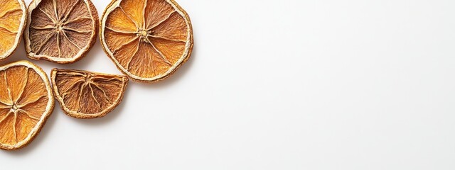 Poster - Dried orange slices with cinnamon and anise on white background featuring ample copy space for text and design elements