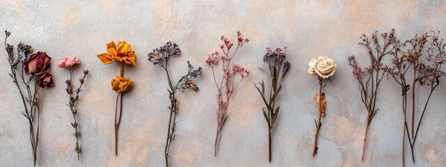 Fototapete - Dried Flower Arrangements Embedded in Colored Concrete with Blank Space for Text or Branding