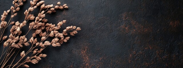 Leinwandbilder - Dried Mare's Tail Plant Leaves on Dark Background with Copy Space for Text and Decorative Element