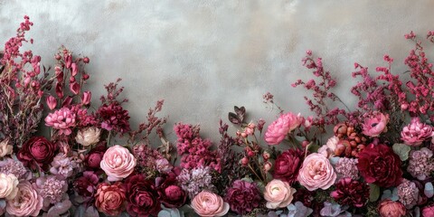 Aufkleber - Elegant Floral Arrangement with Amaranth Roses and Peonies in Pink and Red Tones Featuring Space for Custom Text or Branding Use