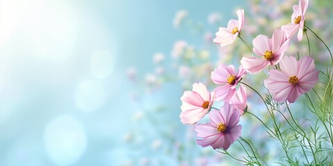 Aufkleber - Elegant floral border featuring soft pink cosmos flowers against a light blue background creating a serene atmosphere for text placement.