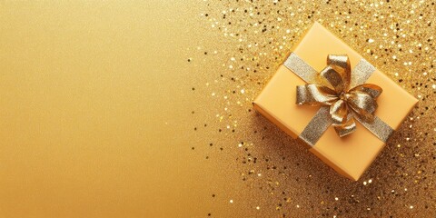 Poster - Elegant gold gift box with glittering background perfect for luxury celebrations and special occasions with space for personalized text