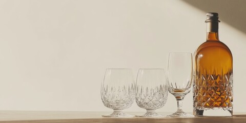 Fototapete - Elegant drinkware set featuring crystal glasses and an amber liquor bottle with ample blank space for promotional text or branding.