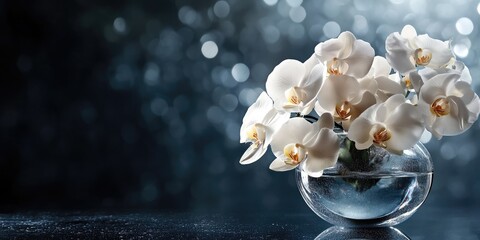 Aufkleber - Elegant white orchid floral arrangement in a glass vase with soft bokeh background perfect for event invitations or announcements