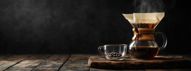 Poster - Brewing drip coffee with dripper stand over glass mug on wooden table with steam and empty space for text or branding purposes