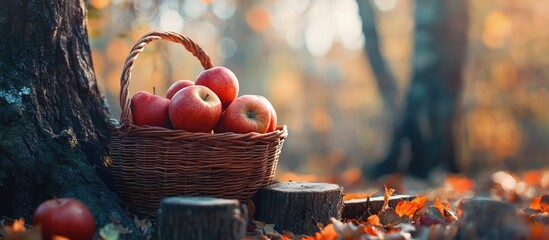 Poster - Autumn scene with a basket of red ripe apples near tree stumps in an orchard showcasing seasonal beauty and empty space for text