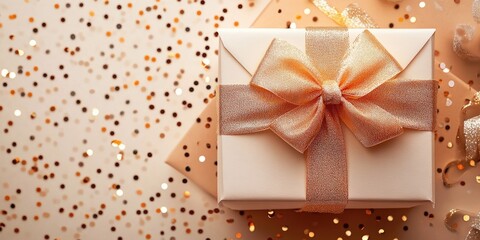 Aufkleber - Elegant gift box with soft bow on sparkling background ideal for holiday or celebration greeting cards and promotional materials