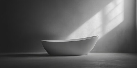 Fototapete - Elegant freestanding white bathtub in minimalist black and white setting with ample empty space for text and design elements