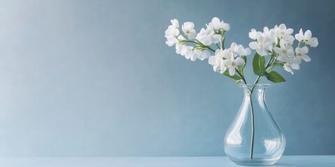 Fototapete - Elegant glass vase filled with white flowers on a soft blue background with ample space for your text or message