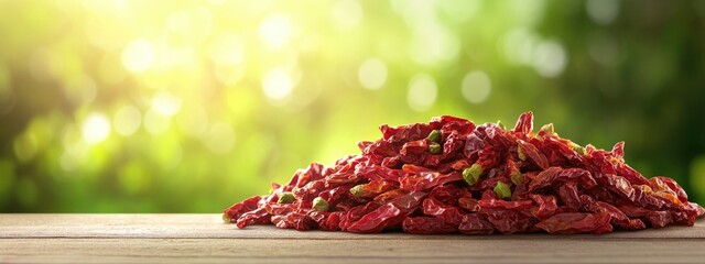 Poster - Dried red chili peppers on wooden surface with blurred green background and ample copy space for text or design elements.