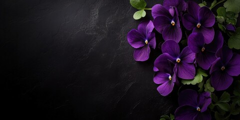 Poster - Elegant Dark Purple Violets Arrangement with Text Space on Black Background for Floral Designs and Invitations