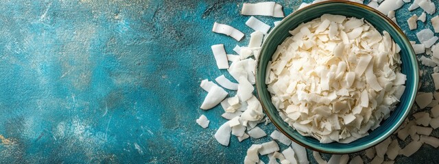 Poster - Dried organic coconut flakes in a blue bowl on a textured backdrop with empty space for natural product branding or text placement