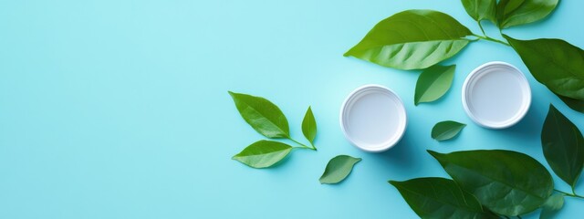 Poster - Eco Friendly Pods from Recycled Plastic with Green Leaves on Light Blue Background and Space for Text