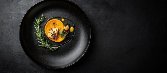 Aufkleber - Delicious pumpkin soup served in a black plate garnished with rosemary showcasing a farm to table healthy meal with text space available