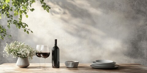 Aufkleber - Elegant dining table setup with wine glasses and vintage decor against textured background ideal for culinary or lifestyle promotions