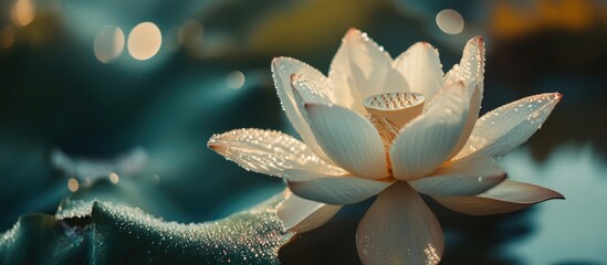 Aufkleber - Serene lotus flower in morning light with glistening dew petals and soft background for peaceful text composition or design use.