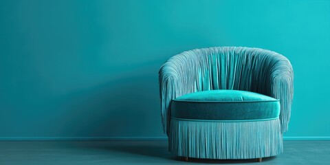 Fototapete - Fringed accent chair against turquoise wall showcasing empty space for text and design inspiration in modern interior decor.