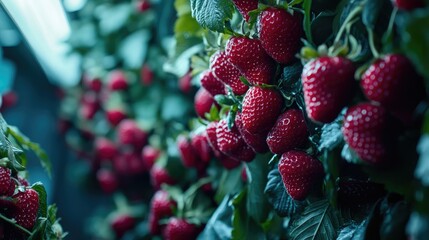 Poster - Close-up view of fresh ripe strawberries on plants showcasing vibrant color and texture in a greenhouse setting highlighting agricultural abundance.