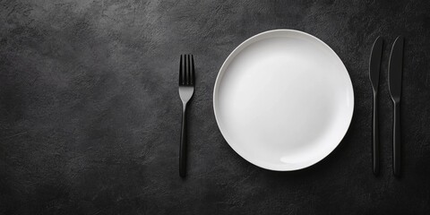 Fototapete - Elegant dining table setup featuring fine dishware and cutlery with a focus on empty space for promotional text or invitations