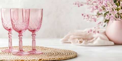 Aufkleber - Elegant dining setup with pink glasses and woven placemat on a table featuring floral decor and ample empty space for text insertion