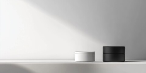 Aufkleber - Elegant Minimalist Display of Empty Black and White Cosmetic Containers on Clean Surface with Room for Text and Branding