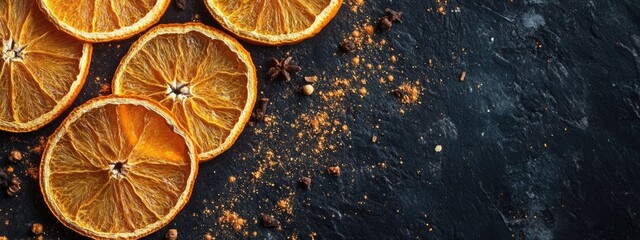 Poster - Dried orange slices and organic spices on dark background with ample space for text design and decoration purposes.