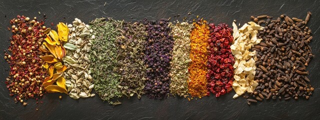 Poster - Colorful dried spices and herbs arranged on a dark background with ample copy space for culinary or recipe related text.
