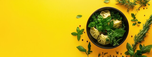 Poster - Dumpling Bowl with Fresh Herbs Displayed on Vibrant Yellow Background Ideal for Food Promotions and Culinary Designs