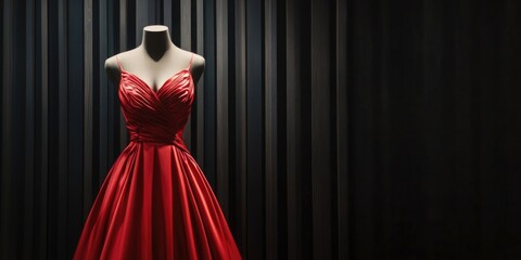 Poster - Elegant red evening gown on mannequin in retail display with dark striped background and ample space for promotional text.