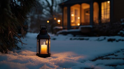 Poster - Candlelit Winter Scene in Snowy Backyard with Blurred Home Background Warm Atmosphere Featuring Space for Text or Overlays