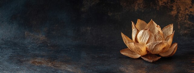 Poster - Dried Lotus Flower on Dark Background with Copy Space for Text in Elegant and Serene Composition
