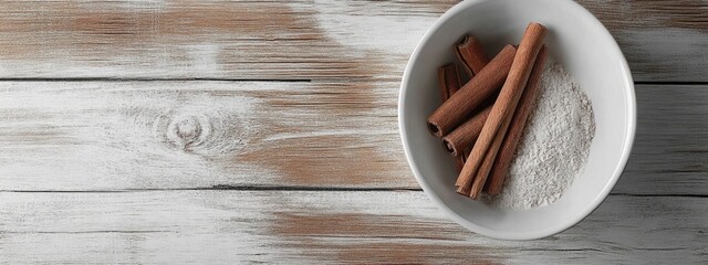 Aufkleber - Dried cinnamon sticks and powder in a bowl on a wooden surface with space for text in a warm and rustic kitchen setting