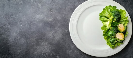 Aufkleber - Fresh salad on a white plate with lettuce, Brussels sprouts, and broccoli against a gray slate background with ample space for text.