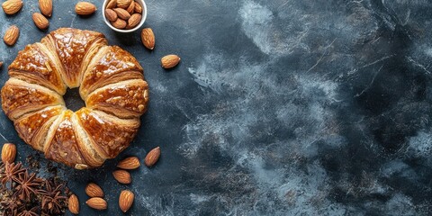 Poster - Elegant French almond croissant surrounded by almonds on a dark marble background with empty space for text and design elements.