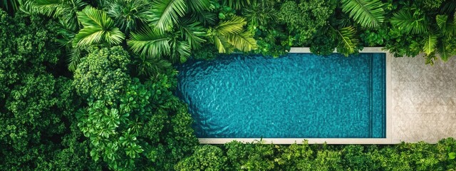 Aufkleber - Aerial View of Stunning Infinity Pool Surrounded by Lush Greenery in Tropical Paradise with Room for Text Overlay