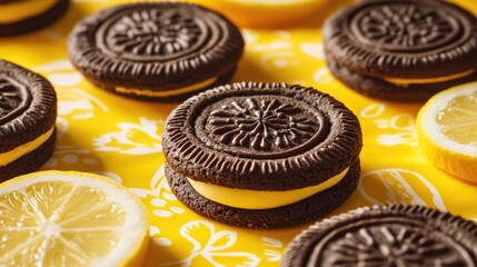 Aufkleber - Festive chocolate cookies with lemon filling on vibrant background creative dessert display with empty space for text and festive decorations