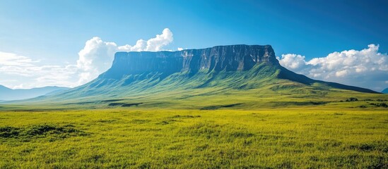 Aufkleber - Vast mountain panorama featuring green alpine meadows under a bright blue sky with empty space for text in the foreground.